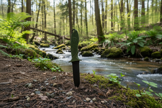 Green knife with black blade on a black background