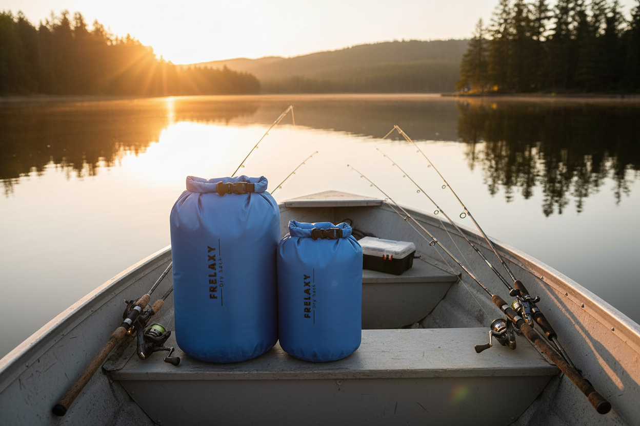 FRELAXY Ultralight Dry Bag Set resting on a fishing boat at golden hour