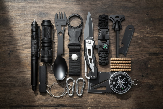 RidgeCore Survival EDC Field Kit gear flat lay with individual tools on a dark wooden surface
