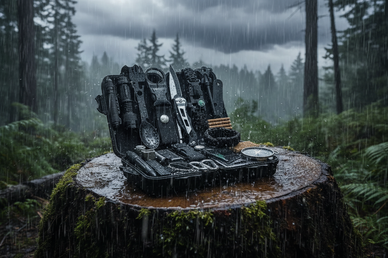 RidgeCore Survival EDC Field Kit sitting on a wood stump in a heavy rainstorm