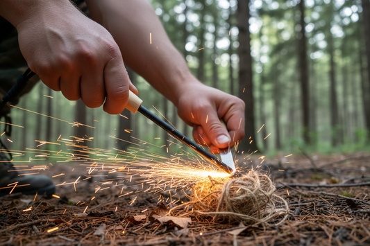 Camper striking a firesteel rod with a metal striker to create sparks at a campsite