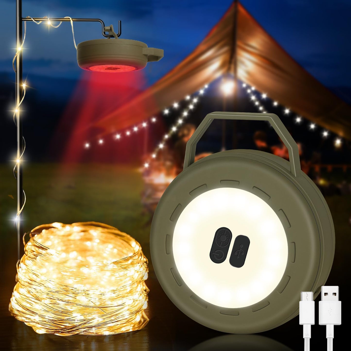 Bdjso 3-in-1 Versatile Camping String Lights - 32.2FT Rechargeable and Multimode Outdoor Lights