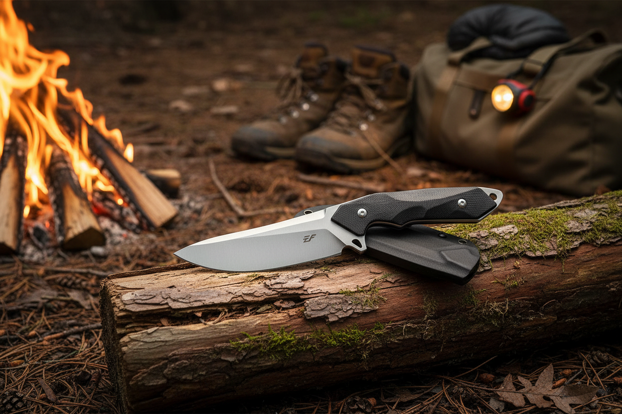 Ironclad Fixed Blade Knife on a log at a rustic hunting camp