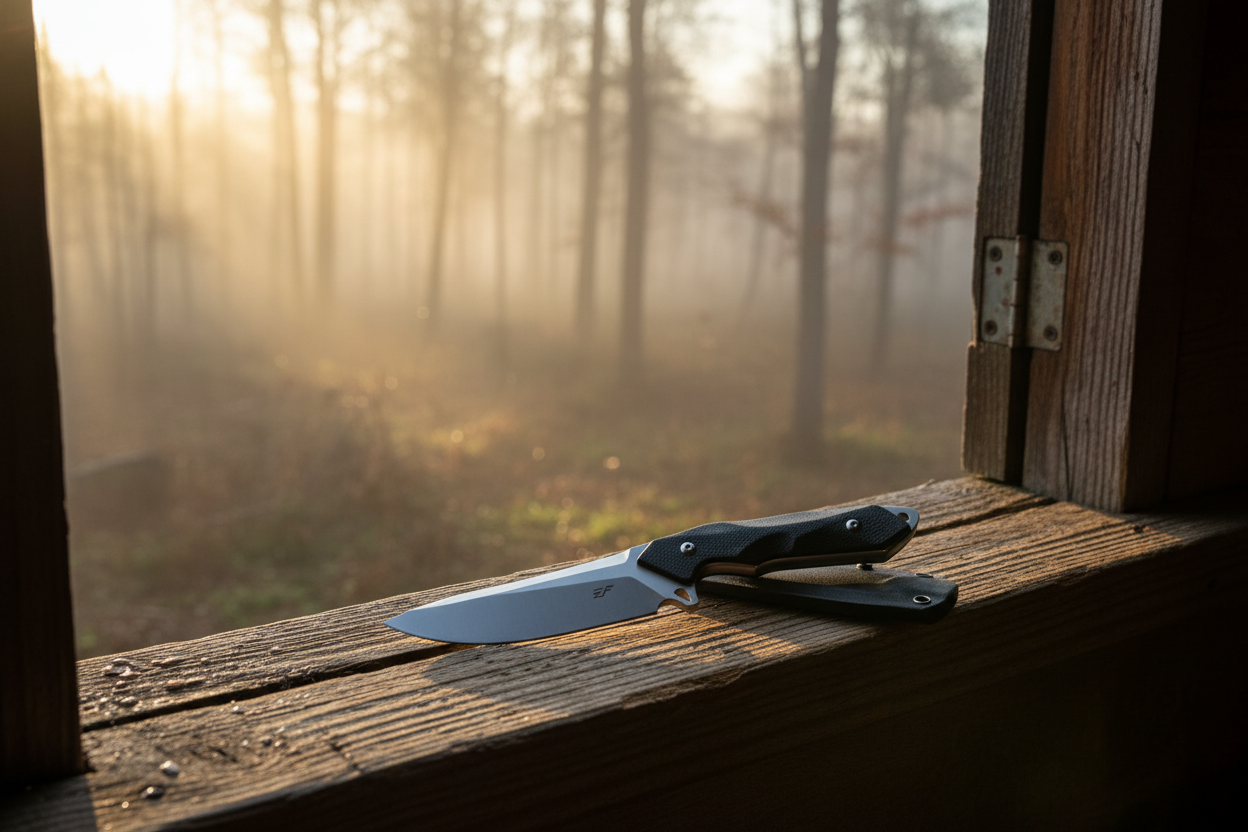 Ironclad Fixed Blade Knife resting on a hunting blind ledge at dawn
