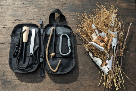 Ridgeline Firesteel Field Kit flat lay next to a bundle of natural tinder on a wooden surface