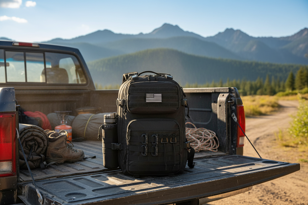 RidgeLine Expandable Field Pack in the bed of a pickup truck
