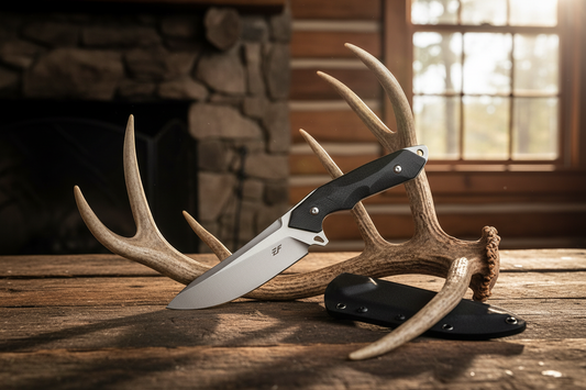 Ironclad Fixed Blade Knife displayed on deer antlers in a rustic cabin