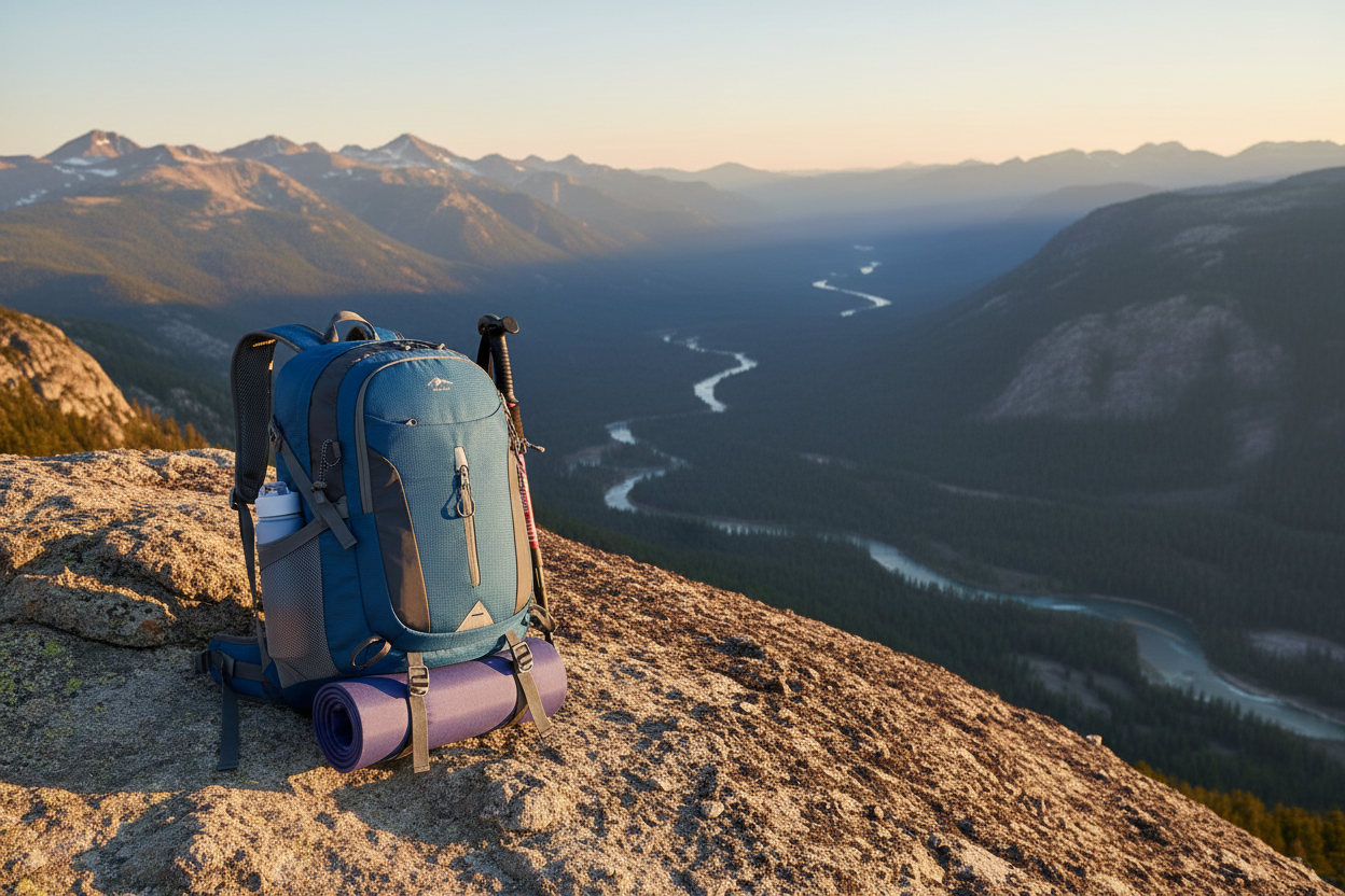 TrailCore 40L Expedition Pack resting against a rock on a mountain ridgeline