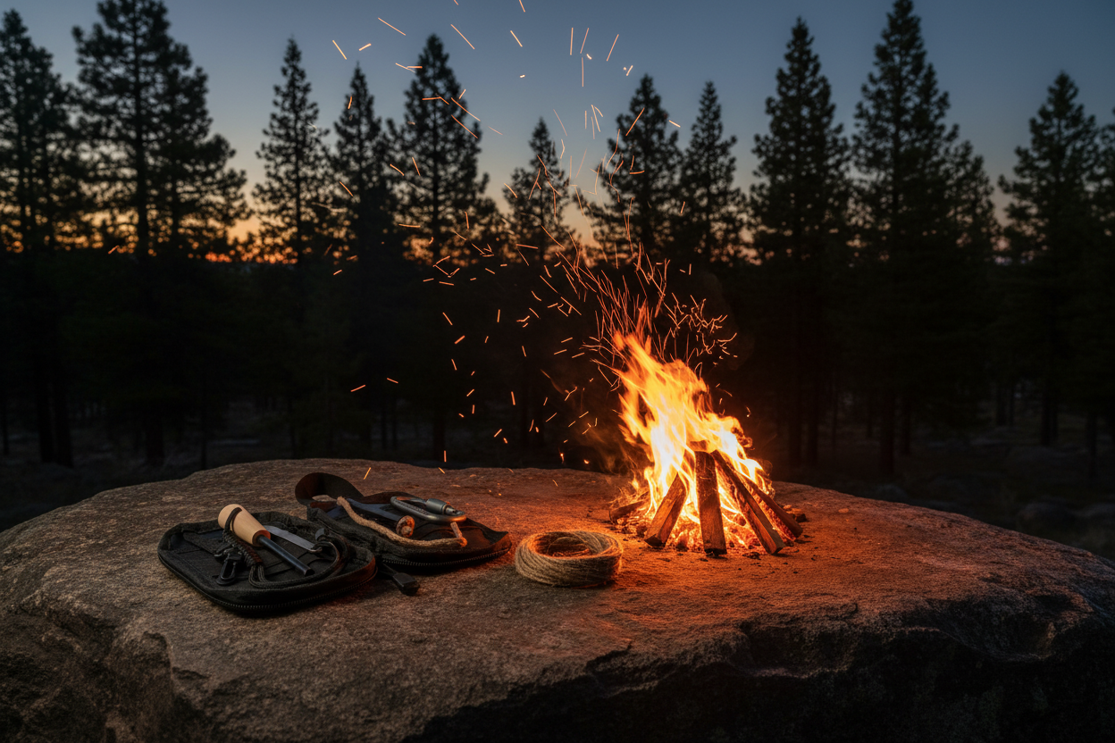 Ridgeline Firesteel Field Kit next to a campfire at dusk with sparks flying