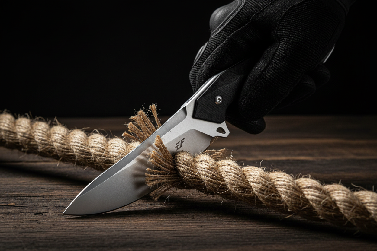 Tactical gloved hand gripping Ironclad Fixed Blade Knife while cutting through a rope