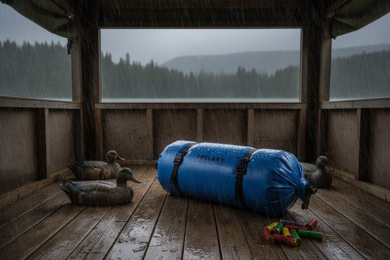 FRELAXY Ultralight Dry Bag inside a duck blind during a rainstorm