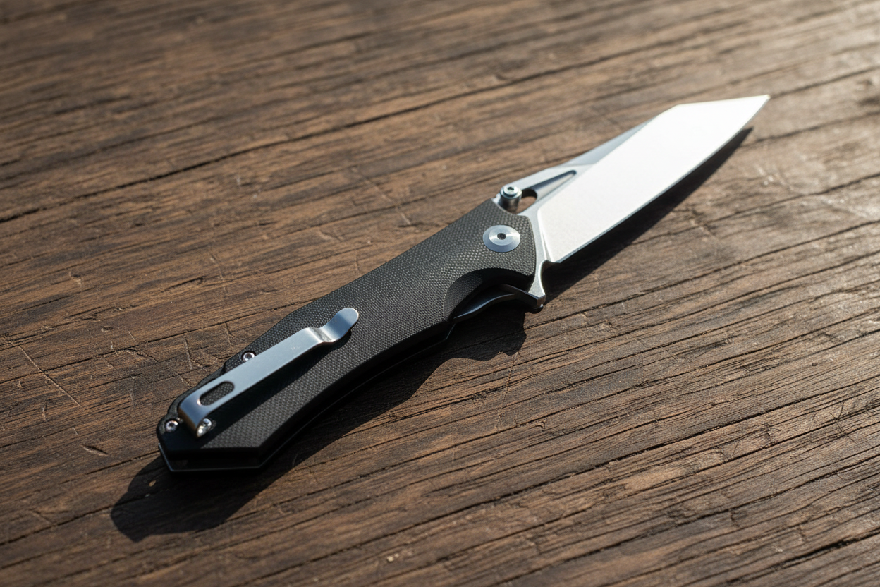 RidgeLine Folding Field Knife on a wooden surface