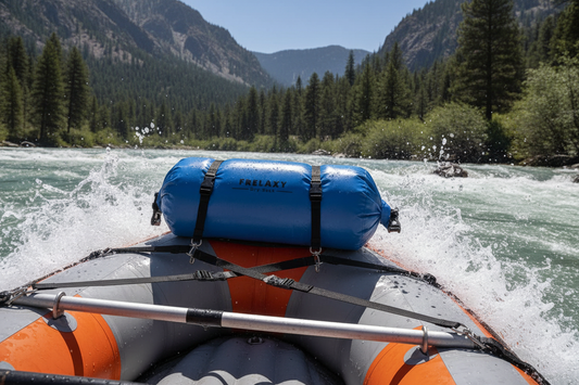 FRELAXY Ultralight Dry Bag strapped to a whitewater raft on a rushing river