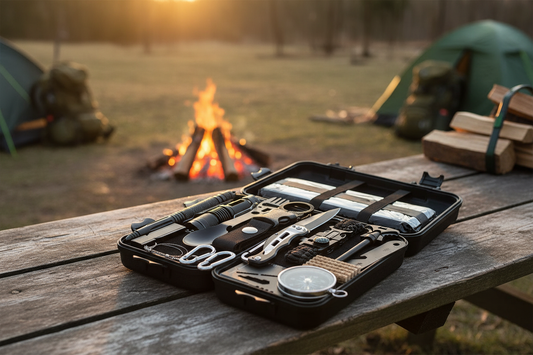 RidgeCore Survival EDC Field Kit open at a rustic campsite with campfire glowing