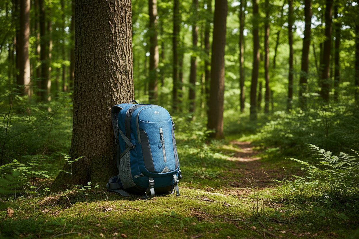 TrailCore 40L Expedition Pack standing in a lush forest
