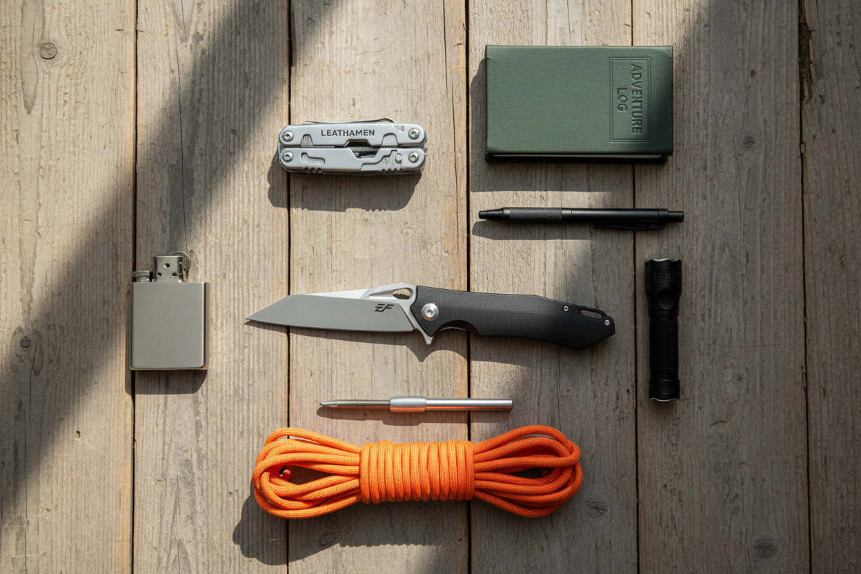 RidgeLine Folding Field Knife in a gear flat lay on a wooden surface