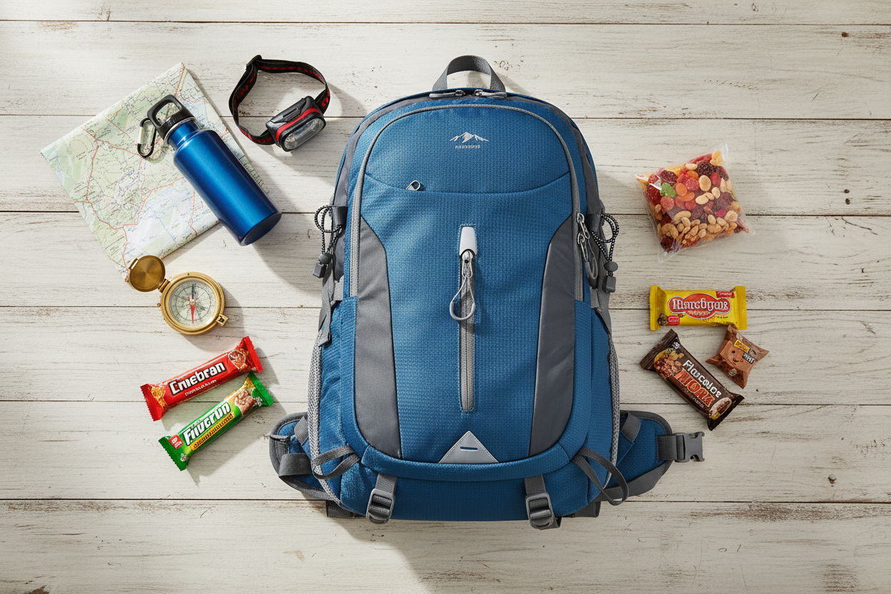 TrailCore 40L Expedition Pack flat lay with camping gear on a wooden surface