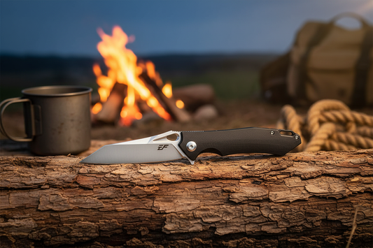 RidgeLine Folding Field Knife resting on a log at a campsite