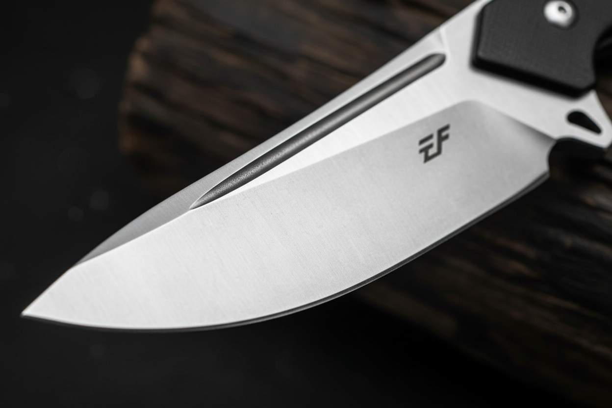 Ironclad Fixed Blade Knife extreme close up macro shot of the blade edge and steel detail