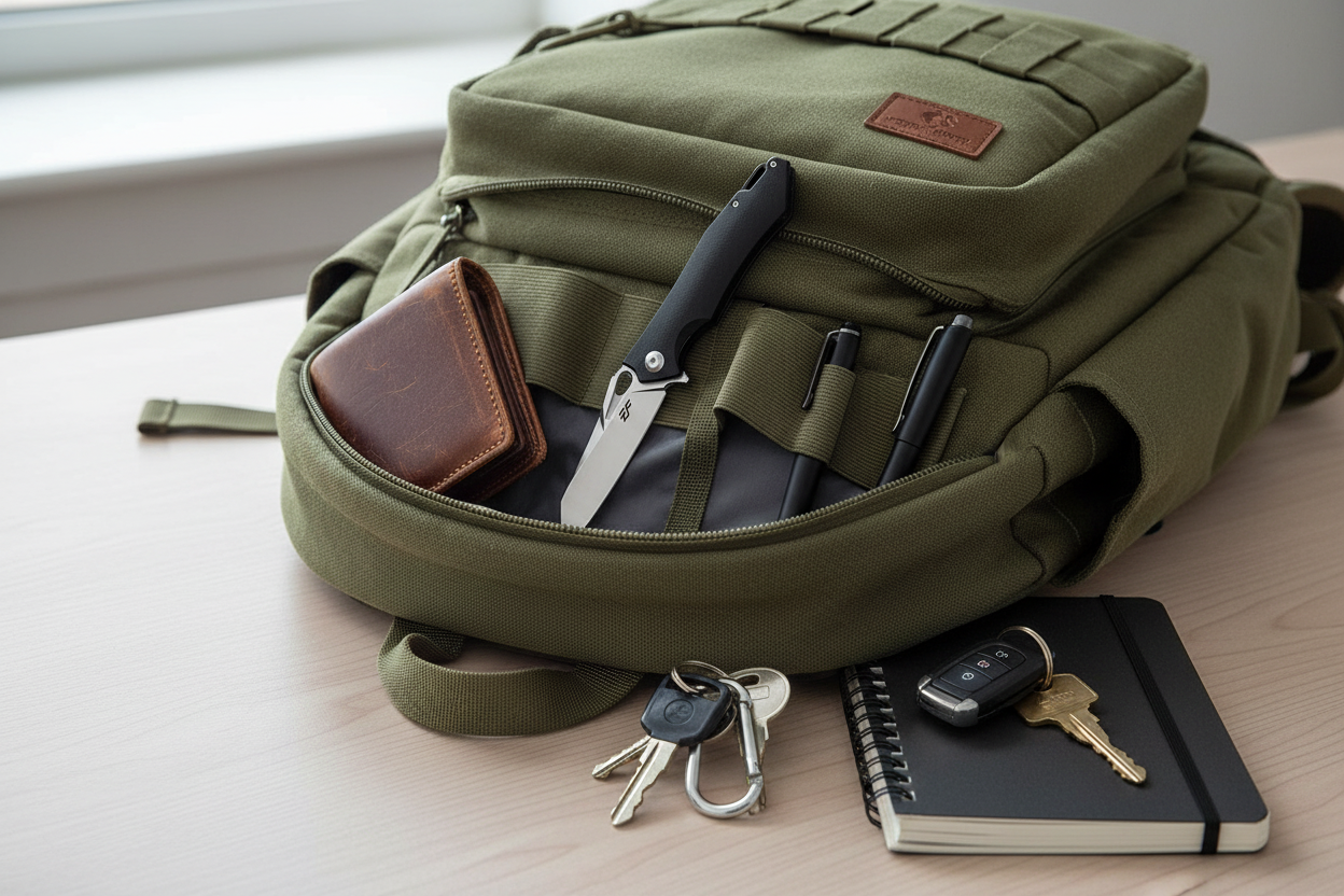 RidgeLine Folding Field Knife tucked into an EDC backpack pocket organizer