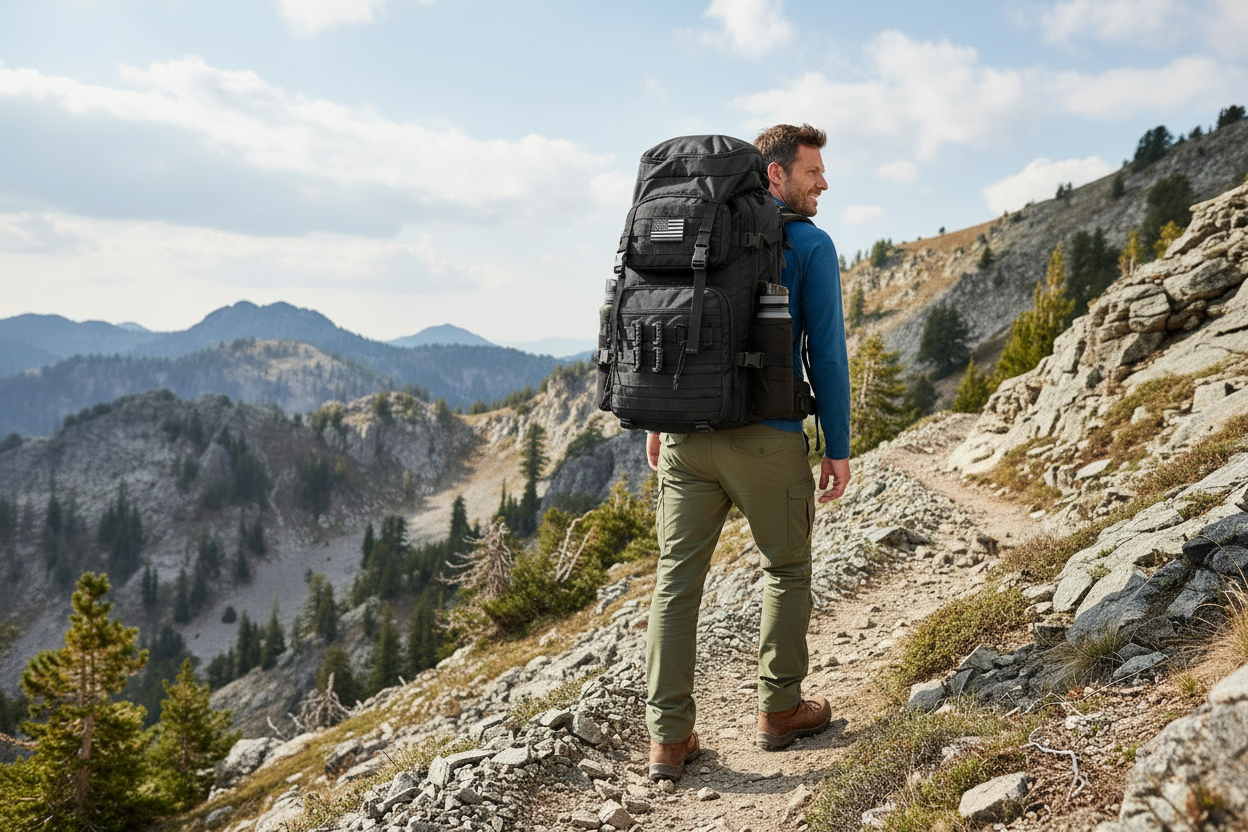 Hiker wearing RidgeLine Expandable Field Pack on a mountain trail