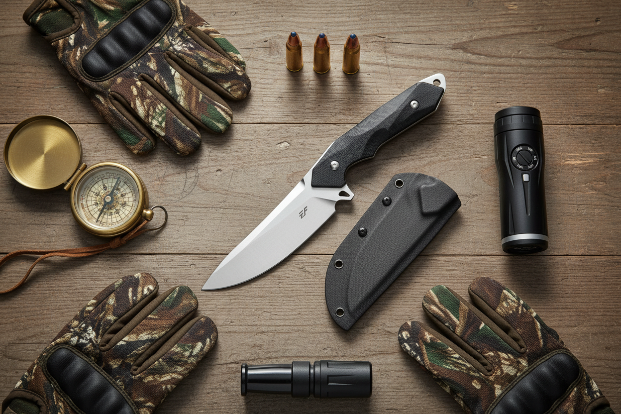 Ironclad Fixed Blade Knife in a hunting gear flat lay on a wooden surface