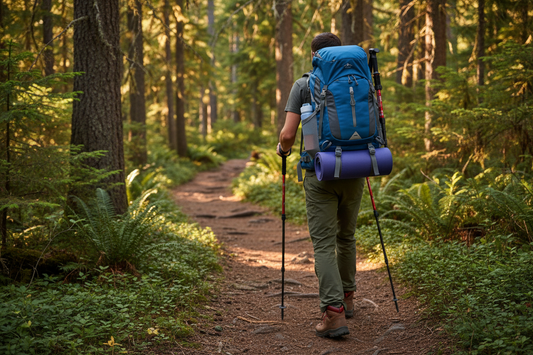 Hiker wearing a fully packed TrailCore 40L Expedition Pack on a scenic forest trail